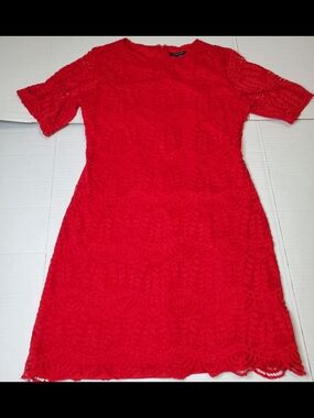 Sharagano Red Lace Midi Dress with Short Sleeves 10p